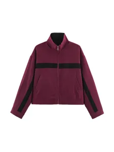Burgundy colorblock high collar full zip women jacket stylish casual streetwear apparel