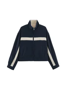 Women's Navy Blue Color-Block Stand Collar Zip Jacket Casual Autumn Long Sleeve Outerwear