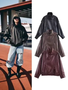 Womens winter street casual stand collar solid color faux leather jacket coat main view.