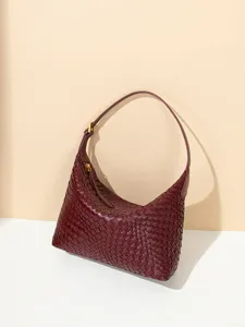Bolso de hombro de cuero tejido para mujer, bolso hobo burdeos, bolso artesanal main