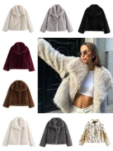 Women Vintage Faux Fur Short Coat Fluffy Winter Warm Jacket Lapel Long Sleeve Casual Fashion Outerwear