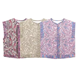 Women vintage floral block print quilted vest autumn sleeveless cotton padded gilet outerwear