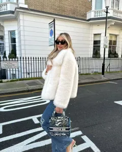 Women fluffy short faux fur jacket winter warm elegant outerwear vintage coat white