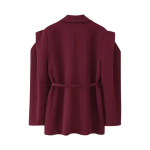 Burgundy women blazer back view, padded broad shoulders and stylish waist belt detail.