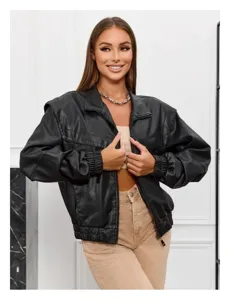 Retro oversized shoulder PU leather zipper jacket detail showing stylish vintage autumn outerwear.