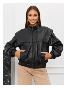 Retro faux leather jacket for women with stylish shoulder flaps and zip front closure.