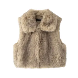Close-up detail view of women's fluffy faux fur short vest collar and soft plush texture.