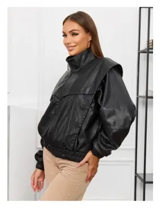 Black faux leather jacket detail, high collar and stylish shoulder flap design for women.