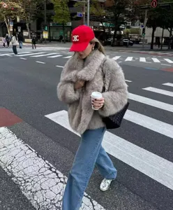 Detailed street style shot featuring a soft faux fur short coat paired with denim jeans.