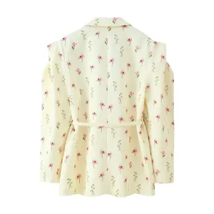 Chic floral print padded shoulder blazer jacket with waist belt for women stylish outerwear