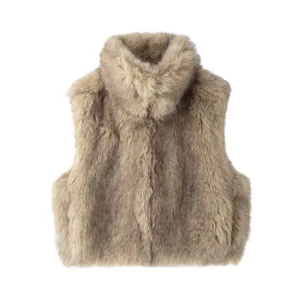 Plush faux fur material texture detail, high collar short sleeveless vest design style.