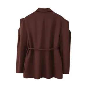 Chic brown women's blazer with waist belt and padded shoulders, elegant French style back view.