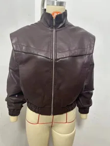 Retro PU leather zip jacket women autumn vintage dropped shoulder outerwear tops