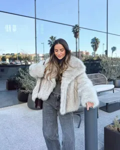 Women faux fur coat short winter jacket fluffy vintage stylish outerwear warm fuzzy clothing