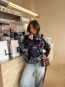 Women's American Retro Paisley Jacquard Knit Cardigan Vintage Stand Collar Long Sleeve Full Zip Outerwear