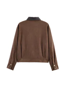 Brown corduroy jacket detail featuring a dark contrast collar and button cuffs for women.