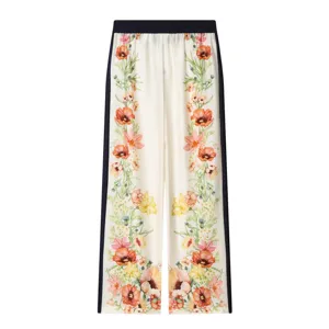 Women vintage floral print silk casual trousers with side stripes high waist elegant pants