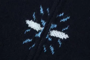 Women knit cardigan detail dark blue zip sweater vintage jacquard outerwear style