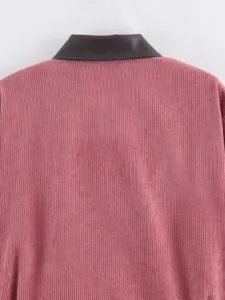 Pink corduroy jacket back detail view featuring a contrast brown collar design for women