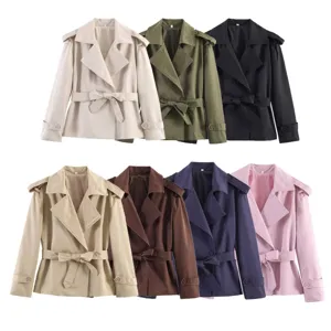 Close-up view showing details of multi-color stylish trench coat with lapel and belt.