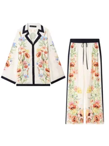 French Vintage Floral Print Shirt And Trousers Set Women Long Sleeve Lapel Top Wide Leg Pants Casual Outfit