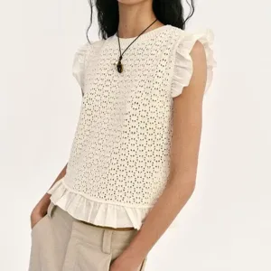 Kομψό γαλλικού στιλ καλοκαιρινό αμάνικο πλεκτό τοπ με βολάν για μοντέρνες γυναίκες