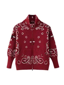 Vintage paisley knit cardigan for women, full zip sweater jacket with front pockets.