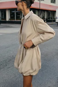 Nuovo stile europeo e americano donna camicia maniche lunghe colletto risvolto abito corto
