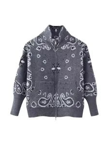 Grey paisley knit cardigan zip up sweater vintage style women autumn winter outerwear main