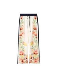 Women French Vintage Floral Print Casual Trousers High Waist Drawstring Wide Leg Pants
