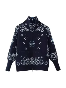 Women's vintage paisley jacquard knit zip-up cardigan sweater with long sleeves and pockets.