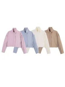 Chaqueta Corta Casual de Commuter para Mujer Cuello Alzado Suelta Color Sólido Manga Larga Cremallera A Prueba de Viento