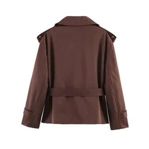 Women short trench coat casual lapel belted jacket stylish commuter outerwear spring wear