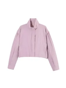 Mujer chaqueta corta cuello alto morado claro casual suelta manga larga abrigo moda