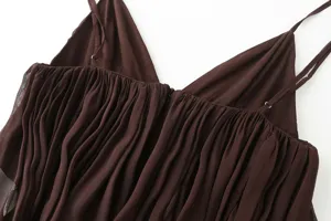Brown v-neck camisole top with delicate ruching detail, chic summer sleeveless apparel for women.