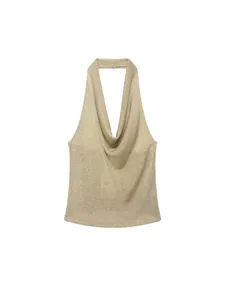 Women's Sexy Halter Neck Metallic Knit Tank Top Slim Fit Sleeveless Summer Casual Party Beach Crop Top