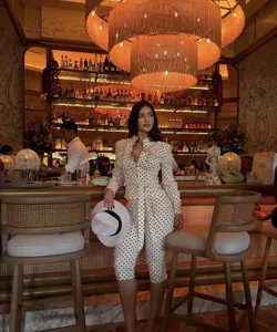 Elegant polka dot pants set for women, chic two piece outfit with belt, stylish spring wear.