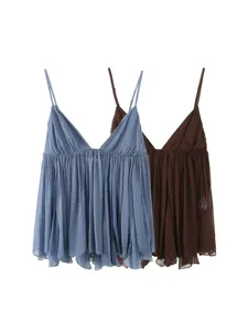 Women's French Style Hot Girl Sexy Spaghetti Strap V-Neck Ruffle Hem Camisole Summer Solid Color Polyester Top