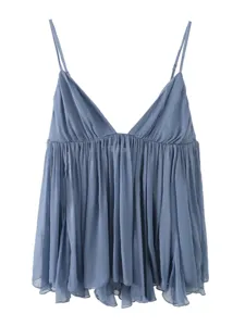 Blue Ruffle Strap Cami Top Summer French V-Neck Chic Sleeveless Blouse For Women Wear