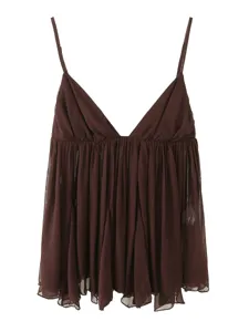 Chic dark brown sheer mesh camisole top with v-neck, spaghetti straps, and tiered ruffle hem.