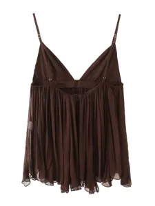 Stylish dark brown V-neck camisole with ruffled hem for summer chic look, comfortable.