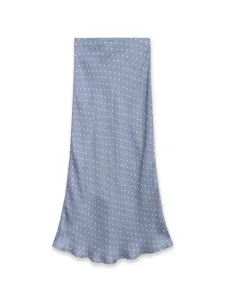Detailed view of blue satin polka dot midi skirt, high waist fish-tail elegant design.