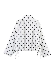 Blusa maniche lunghe pois neri bianchi collo alto coulisse orlo top moda abbigliamento