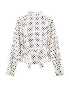 Women elegant polka dot long sleeve blouse chic button cuff waist belt casual top shirt