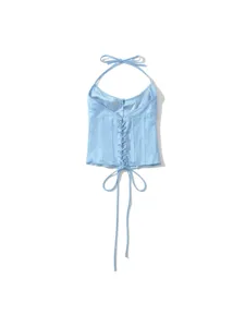 Lichtblauwe satijnen halter korset top voor dames sexy vetersluiting zomer mode