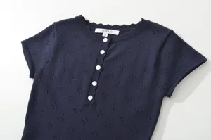 Elegant Women Summer Dark Blue Knitted Short Sleeve Top Hollow Out Casual Button Shirts