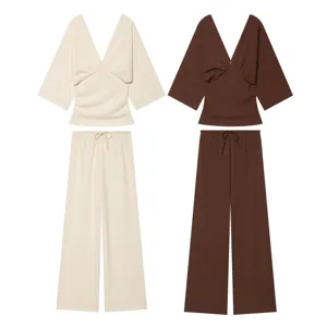 Women summer two piece lounge set V neck short sleeve top and wide leg pants casual outfit