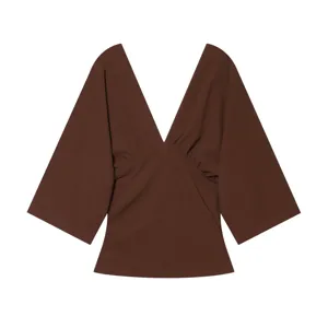 Women's deep V-neck short sleeve brown top with gathered design and wide sleeves for summer.
