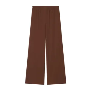 Comfortable brown wide-leg trousers for women, soft drape fabric, perfect for summer casual wear.