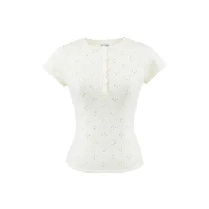 Women fashionable short sleeve knit top with hollow out buttons for summer casual apparel